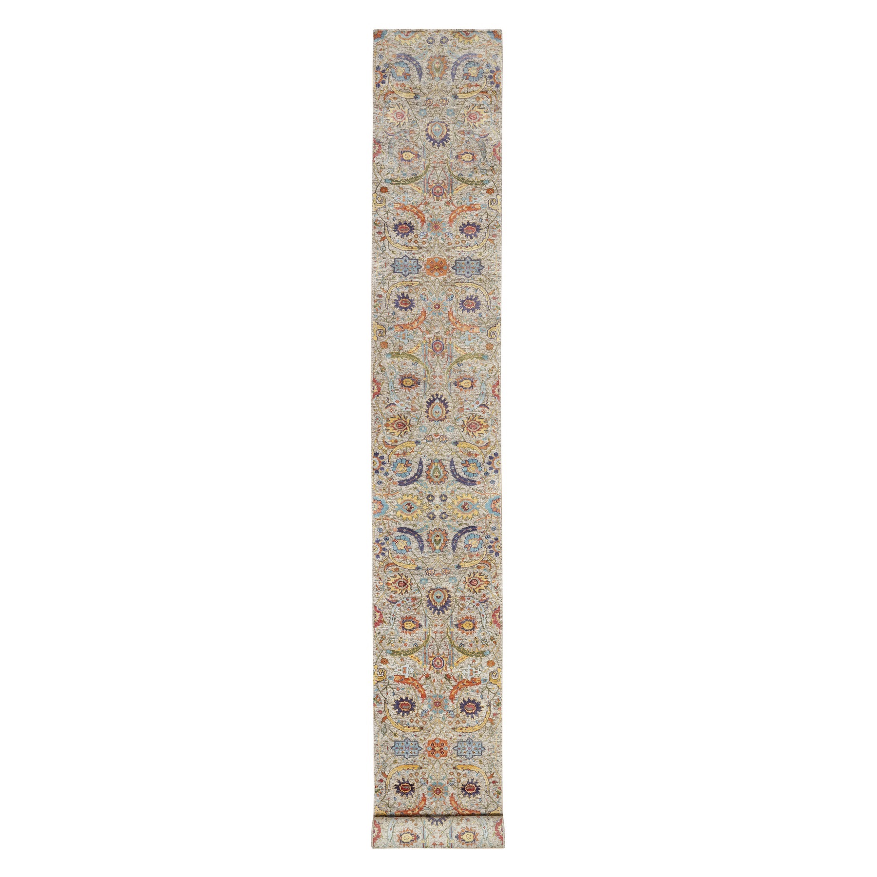 2'7"x22'1" Ivory and Brown, Colorful Sickle Leaf Design, Hand Knotted, Silk with Textured Wool, XL Runner, Oriental Rug 